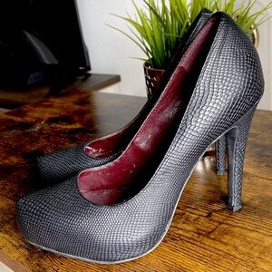 BCBG Black Snakeskin Platform Pumps